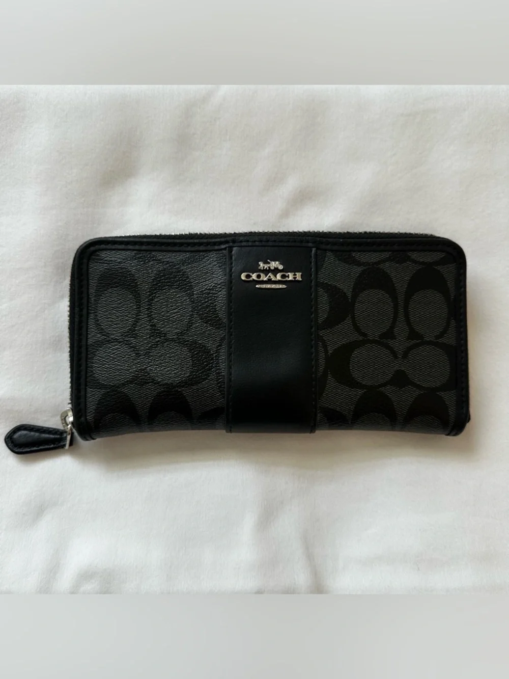 COACH Signature C Black Charcoal Canvas Leather Accordion Zip Around Wallet Long